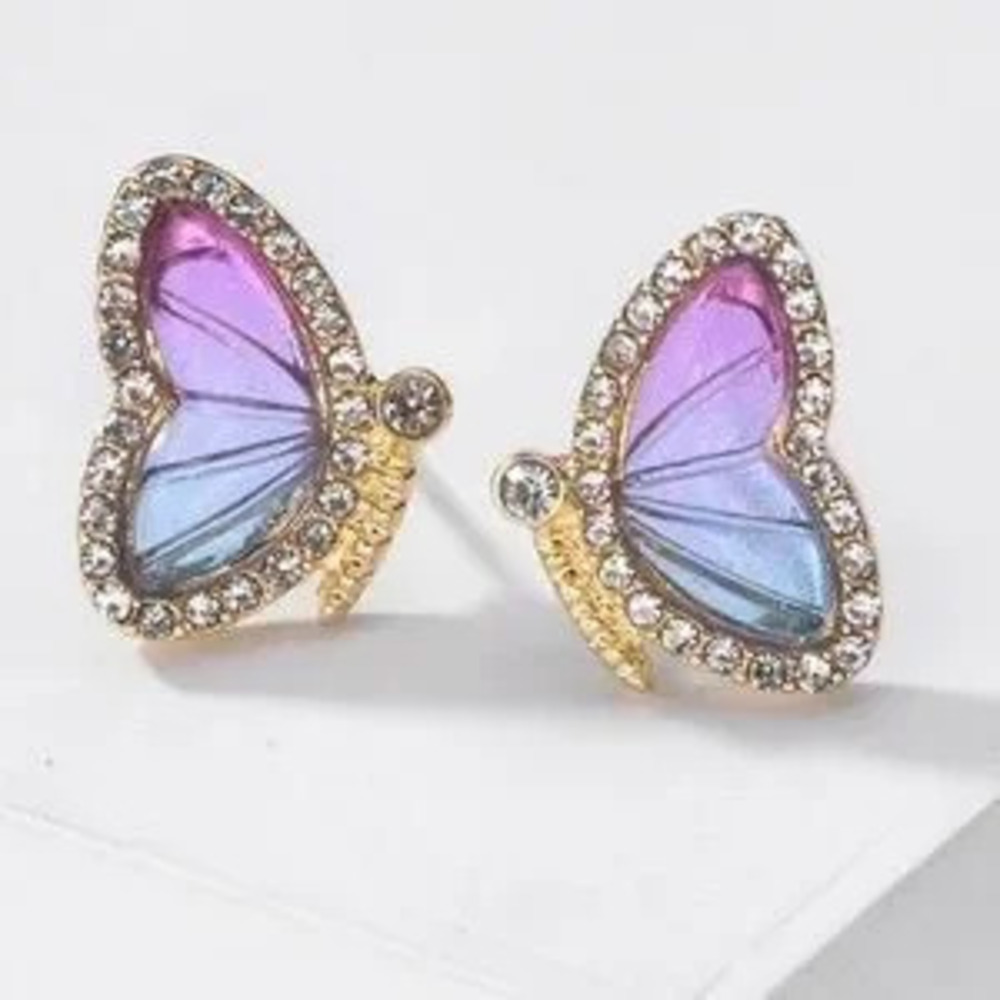 Dainty Colorful Rhinestone Gold Tone Butterfly Earrings